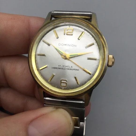 Vintage Dominion Mens Watch 34mm Silver Dial Manual 17 Jewels Two Tone Bracelet - Picture 8 of 14